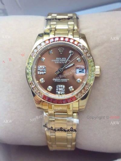 NEW ROLEX OYSTER PERPETUAL PEARLMASTER YELLOW GOLD WATCH BROWN FACE